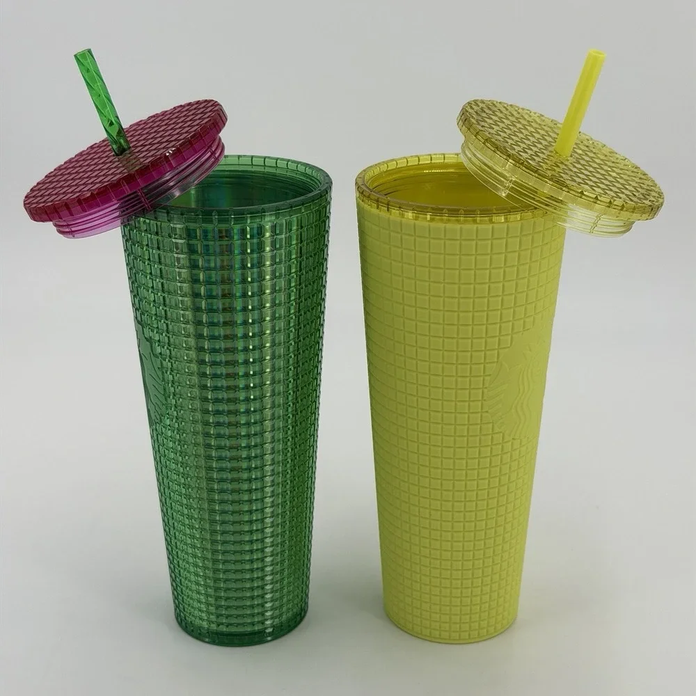 2 Starbucks 24 oz Cold Cups Yellow Soft Touch Grid & Watermelon Grid Tumbler
